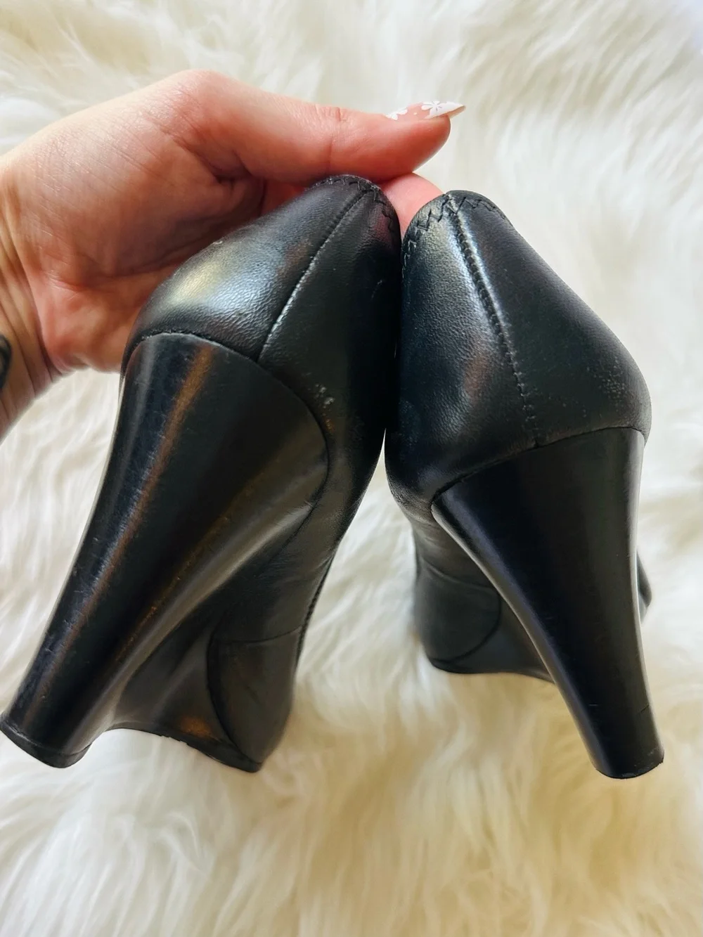 Tory Burch Sally Black Leather Wedge Pumps Gold Reva Logo Medallion Heels 7.5M